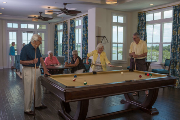 Senior Living Residents playing Pool at Bayshore on Hilton Head Island