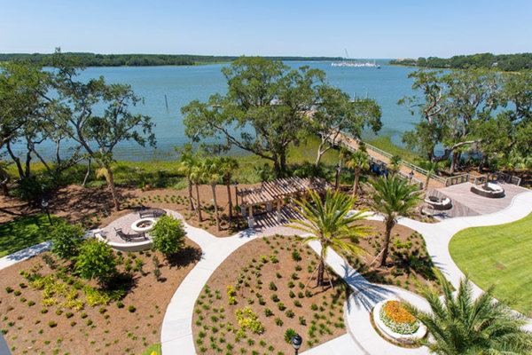 Arial view of the waterfront area at Bayshore Independent & Assisted Living on Hilton Head Island