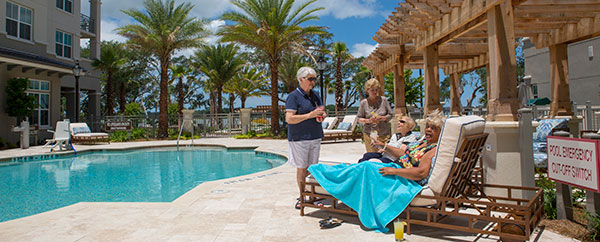 Senior Living Residents enjoying the Pool area at Bayshore on Hilton Head Island