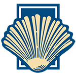 Logo depicting a stylized yellow seashell outlined in blue on a white and blue background.