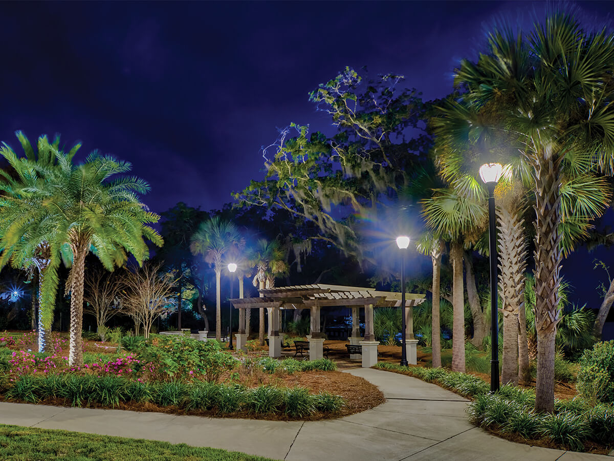 Scenic nighttime walkway with palm trees and pergola in a landscaped garden.