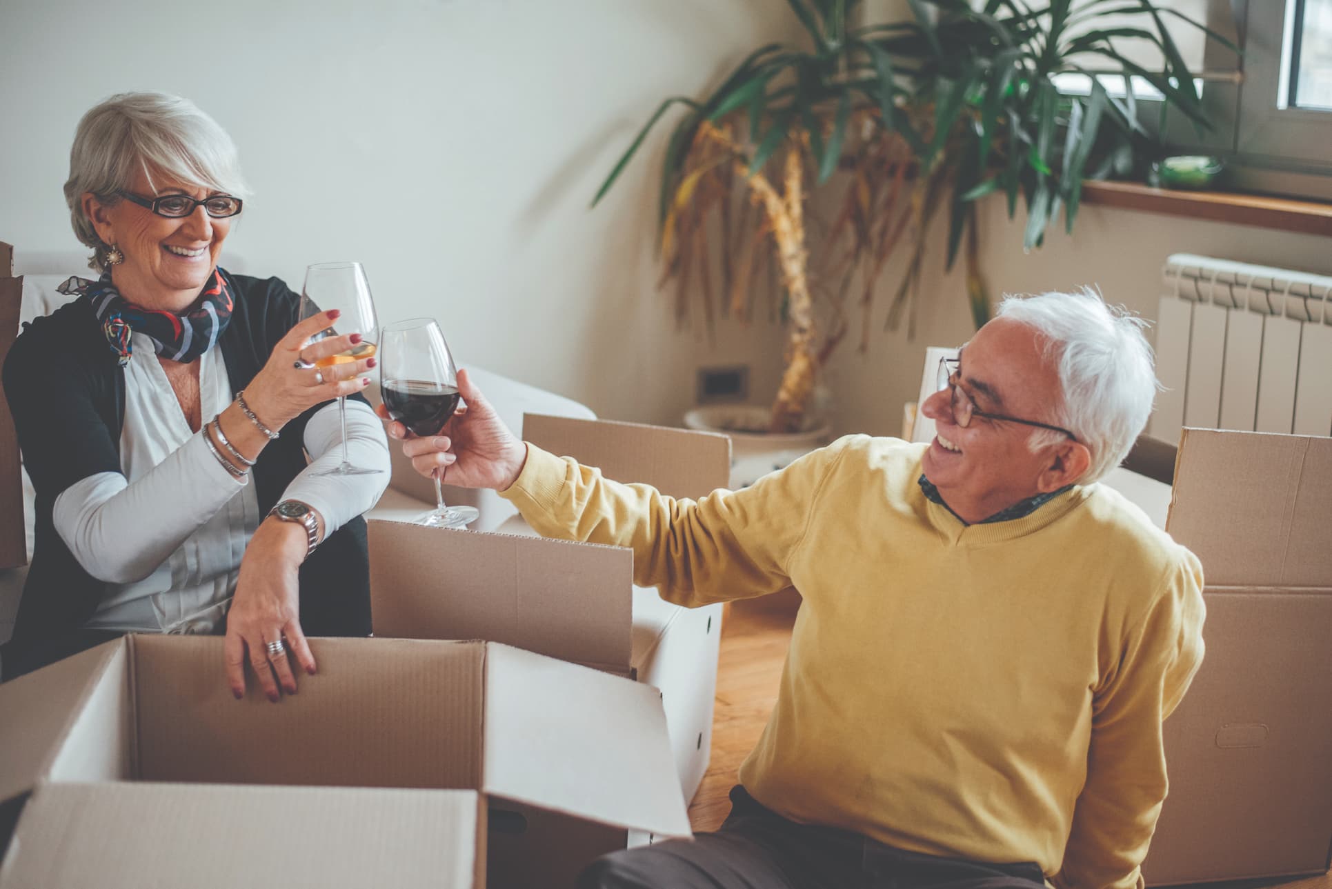 Senior couple toasting wine glasses as they pack up items into boxes